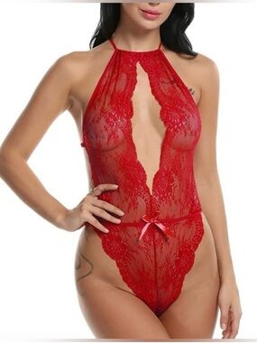 💎 NEW 💎 Red Lace Halter Teddy Bodysuit Lingerie Size Small 💎